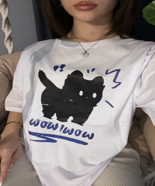 Harajuku Y2k Wow Cat Baskı Model Beyaz Unisex Oversize Tişört
