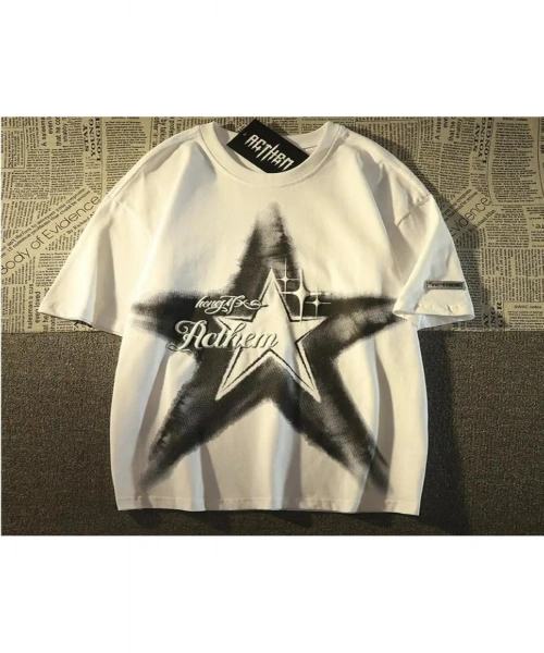 Harajuku Y2k Star Baskı Model Beyaz Unisex Oversize Tişört