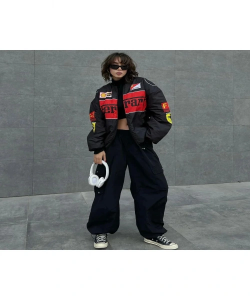 Harjuku Siyah F1 Ferrari Racing Retro Unisex Bomber Ceket