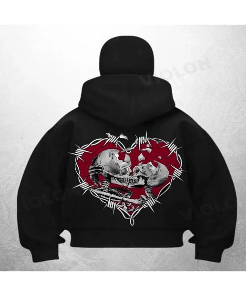 Heart Skeleton Baskılı Siyah Samuray Kar Maske Sweatshirt Hırka