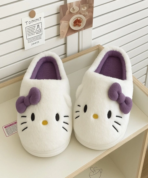 Hello Kitty Mor Yumuşak Tüylü Peluş Panduf Terlik