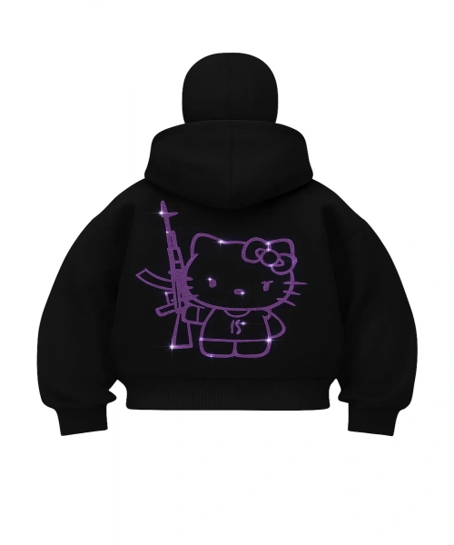 Hello Kitty Parıltılı Taş Kar Maskeli Kapüşonlu Oversize 3 İplik Hırka