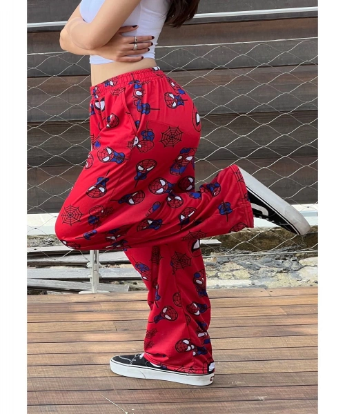 Hello Kitty & Spider-Man Detaylı Kırmızı Unisex Bol Eşofman Altı