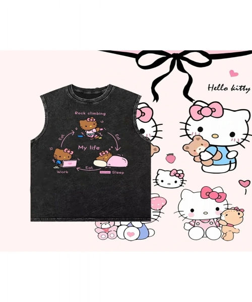 Hello Kitty Yıkanmış Eski Retro Atlet Bisiklet Yaka Yıkamalı Vintage Unisex Oversize