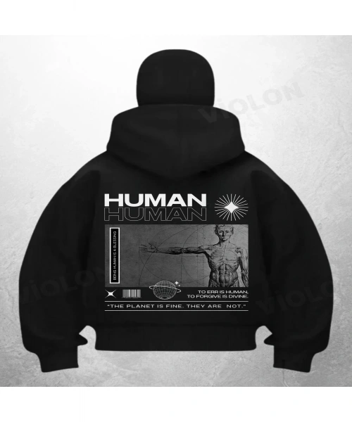 Human Human Baskılı Siyah Samuray Kar Maske Sweatshirt Hırka