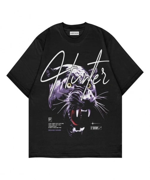 Hunter Baskılı Siyah Renk Oversize T-Shirt