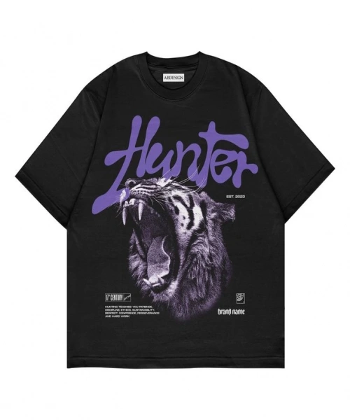 Hunter Baskılı Siyah Renk Oversize T-Shirt