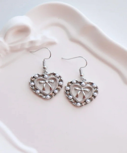 İncili Kalp Fiyonk İthal Küpe