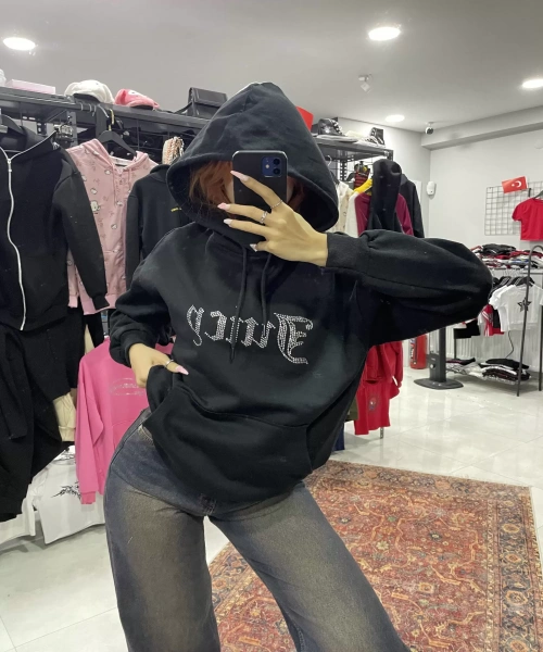 Juicy taş baskılı siyah renk oversize sweatshirt