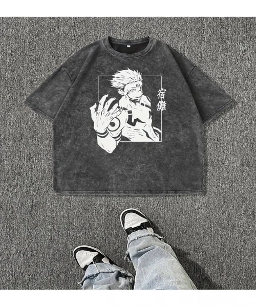 Jujutsu Kaisen Baskılı Yıkamalı Vintage Unisex Oversize T-Shirt