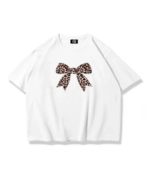 Kadın Leopar Kurdele Tshirt Beyaz