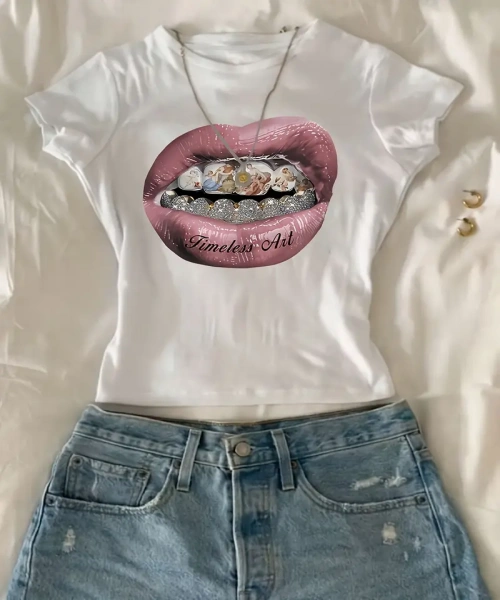 Kadın Y2K Stil Grafik Crop