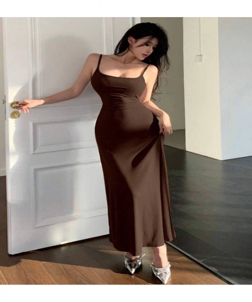 Kahverengi Akıcı Askılı Kamisol Elbise