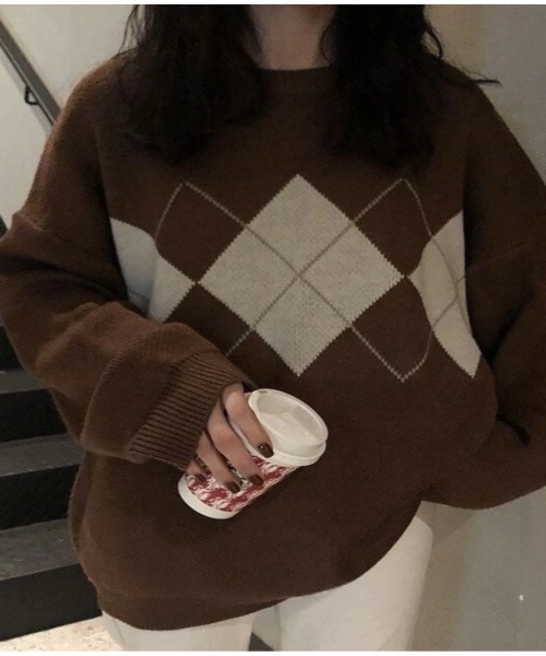 Kahverengi Ekose Triko Kazak Oversize Unisex