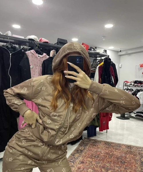 kahverengi hello kitty detail alt üst hırka takım