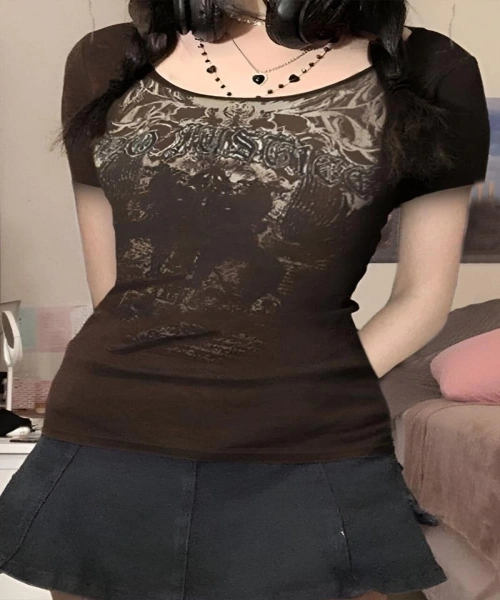 Kahverengi Vintage Do Justica Kısa Kollu Crop