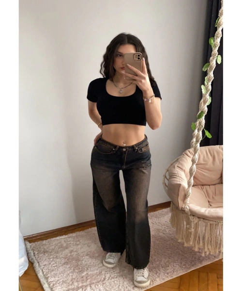 Kahverengi Yıkamalı Baggy Jean