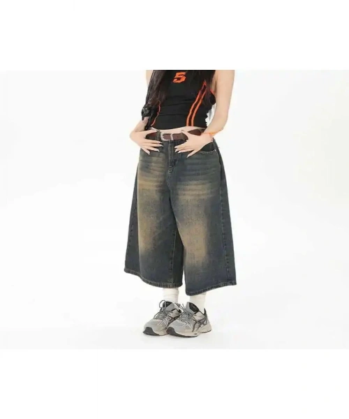 Kahverengi Yıkamalı Baggy Kısa Paça Kot Bermuda Pantolon