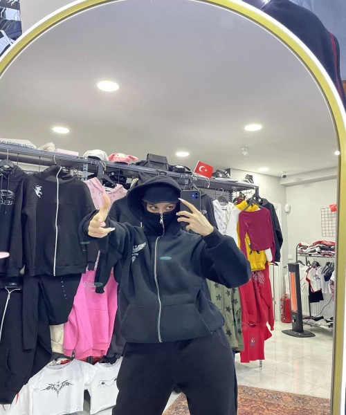 Kartal nakışlı siyah renk full kapanan hırka