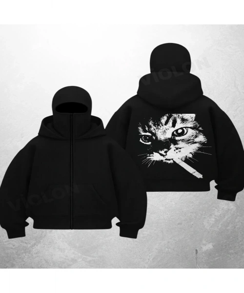 Kedy Cigarette Baskılı Siyah Samuray Kar Maske Sweatshirt Hırka
