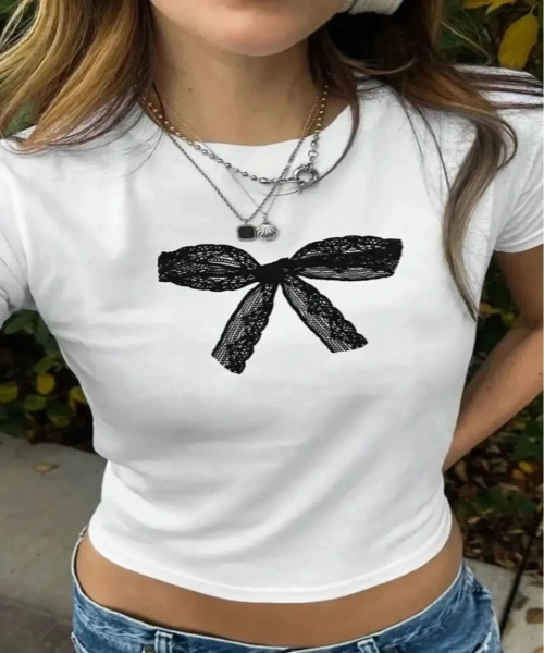 Kemer Boy Lace Bow Graphic Baskı Detaylı Crop