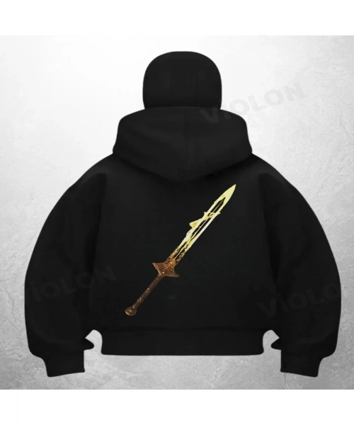 Kılıç Baskılı Siyah Samuray Kar Maske Sweatshirt Hırka