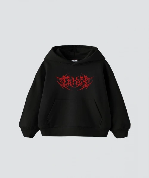 Kırmızı Dusk Baskılı Oversize Unisex Siyah Hoodie