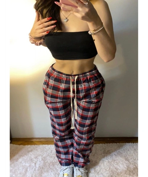 Kırmızı Lacivert Kare Ekose Desenli Rahat Unisex Oversize Eşofman Altı Pijama