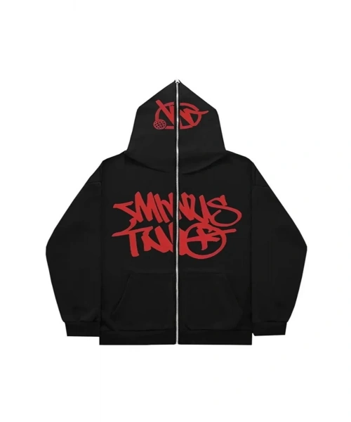 Kırmızı Minus Two Yazı Baskılı 3 iplik Kalın Fermuarlı Oversize Unisex Full Zip Siyah Hırka