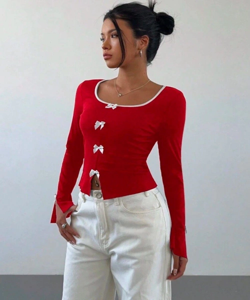 Kırmızı Ribbon Dekolteli Uzun Kollu Crop