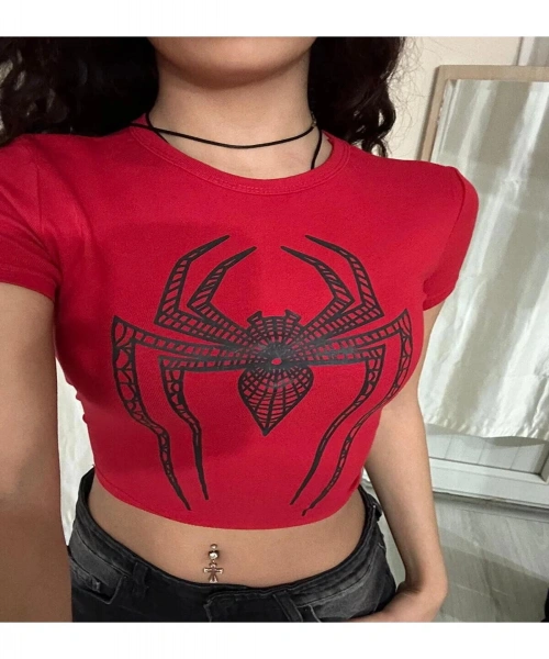 Kırmızı Spider Baskılı Kadın Crop Body