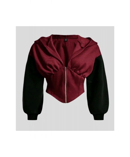 KIRMIZI Uzun Kollu Korse Kesim Fermuarlı Ceket