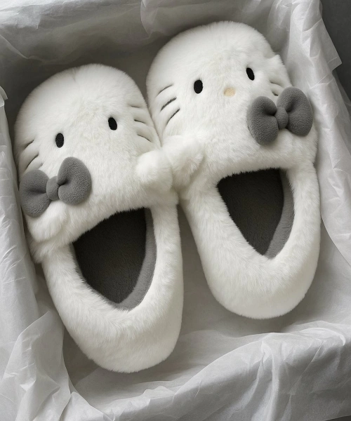 Koyu Gri Hello Kitty Yumuşak Tüylü Peluş Panduff Terlik