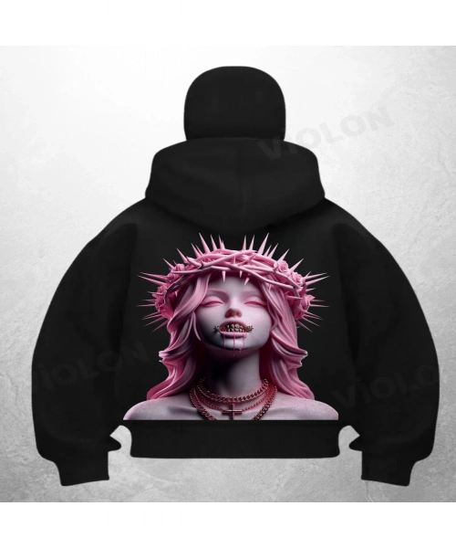Kraliçe Pembe Baskılı Siyah Samuray Kar Maske Sweatshirt Hırka