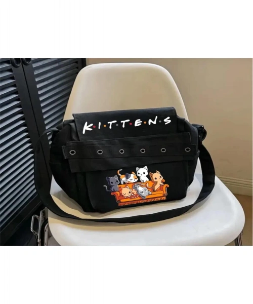 KUIN Siyah Kuş Gözlü Kittens Baskılı Postacı Çantası