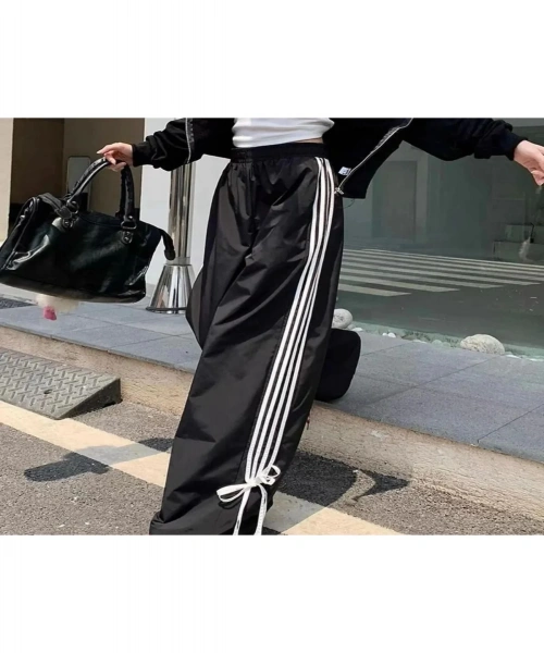 Kurdele Detay Çizgili Şeritli Unisex Oversize Eşofman Altı