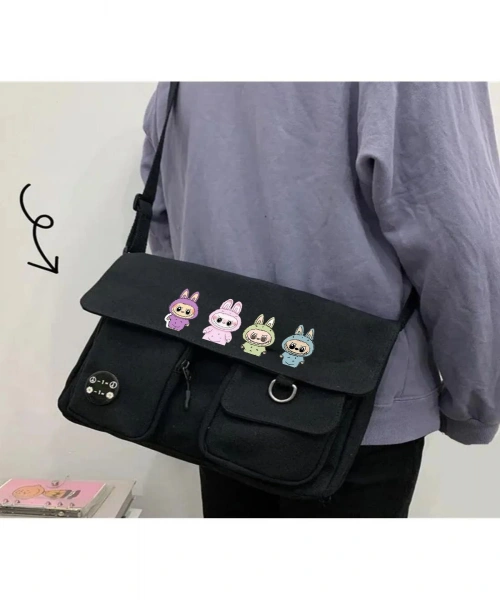 Labubu Karakter Harajuku Unisex Cepli Unisex Siyah Postacı Çantası