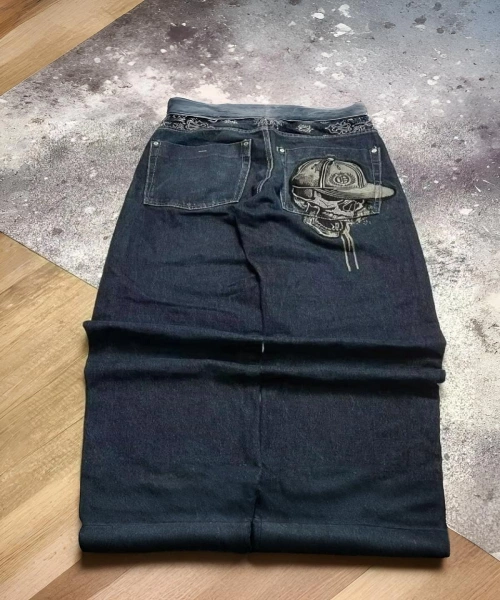 Lacivert Back Side Skull Head Salaş Baggy Kot Pantolon