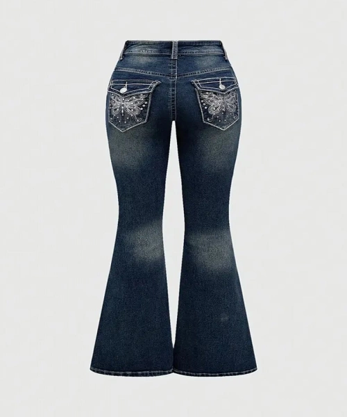 Lacivert Buttefly Cep Detaylı İspanyol Paça Y2K Pantolon