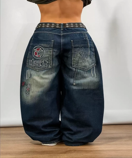 Lacivert D2T Vintage Yıkamalı Baggy Y2K Pantolon