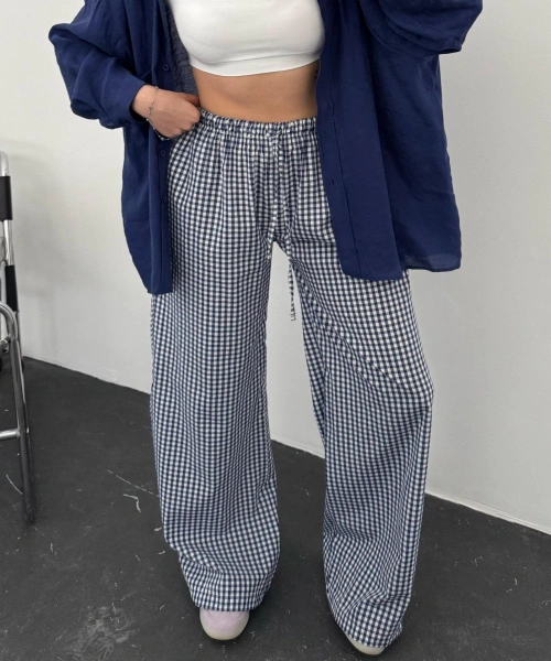 Lacivert Kareli Sofıra Eşofman Altı