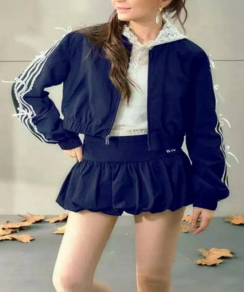 Lacivert Kurdeleli Dantelli Y2K Crop Ceket