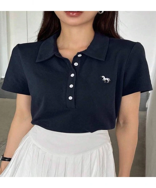 Lacivert Tek Boynuzlu At Baskılı Polo Yaka Düğmeli Kısa Kol Tshirt