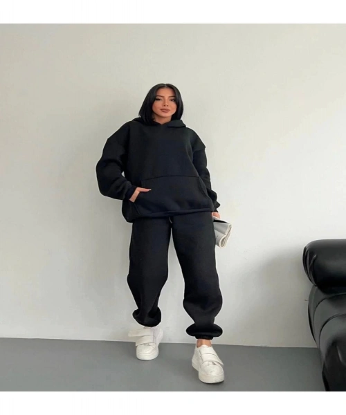 Limited Edition Premium Siyah 2li Takım Unisex Oversize Kışlık Sweatshirt-Eşofman Altı Takım