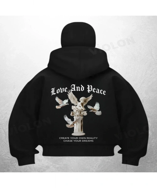 Love And Peace Baskılı Siyah Samuray Kar Maske Sweatshirt Hırka