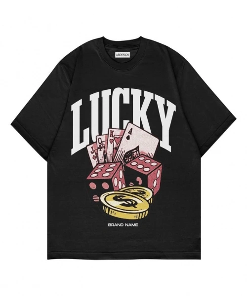 Lucky Baskılı Siyah Renk Oversize T-Shirt