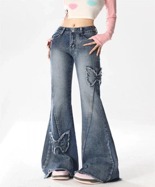 Mavi Butterfly İspanyol Paça Y2K Pantolon