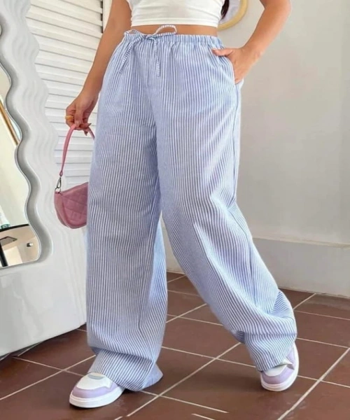 Mavi Çizgili Beli Lastikli Y2K Bol Paça Pantolon