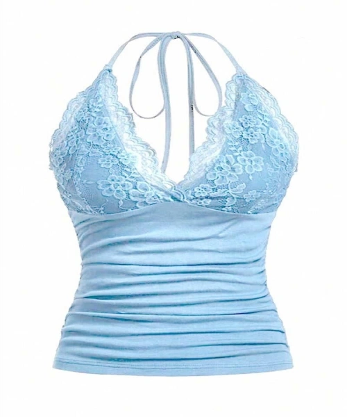 Mavi Dantelli Bağlamalı Askılı Crop