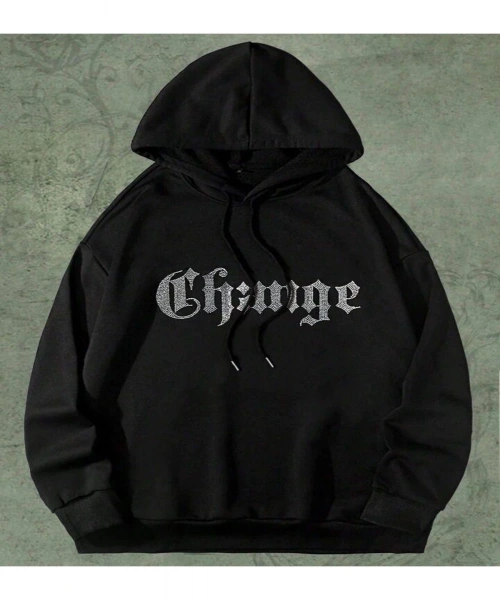 Men Letter Graphic Drawstring Taş Baskılı Oversize Unisex Sweatshirt